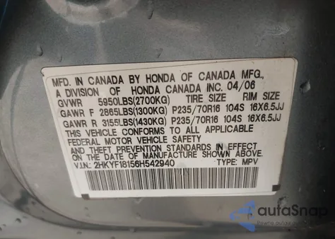 2006 Honda Pilot Lx from USA, damaged, VIN 2HKYF18156H542940